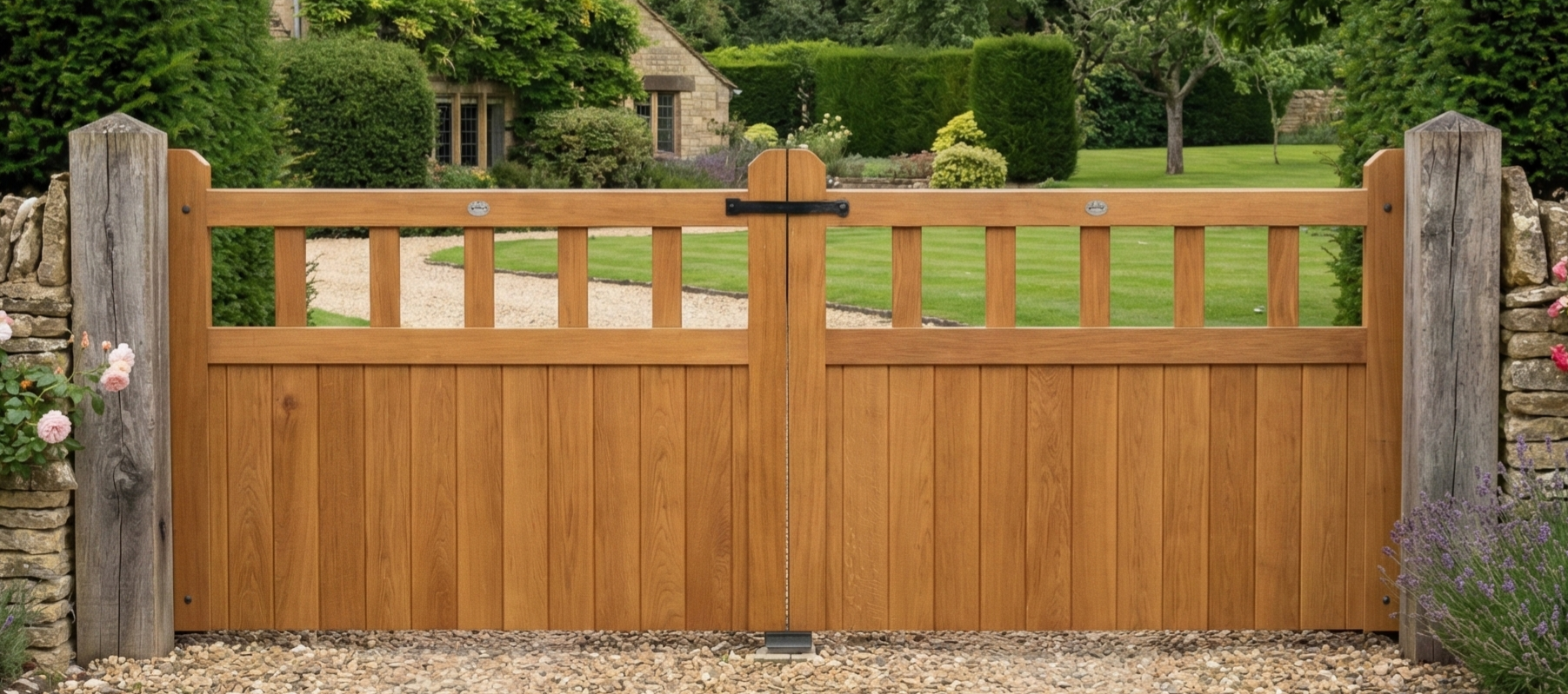 Wooden gate with green landscaping